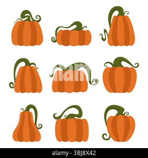 Pumpkin flat illustration set isolated on white background Stock Vector