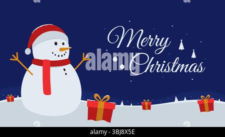 Christmas greeting template with snowman and gift boxes laying on the snow Stock Vector