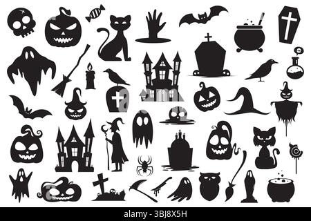 Halloween silhouette elements collection isolated on white background Stock Vector