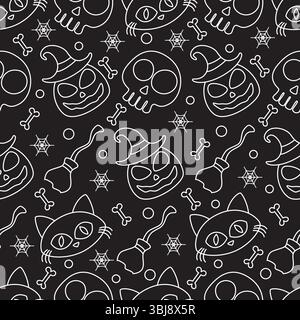 Black and white Halloween pattern with skulls, pumpkins, and a witch's hat. Halloween outline seamless pattern on black background Stock Vector