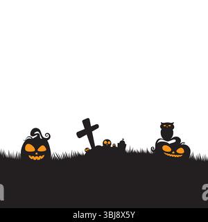 Silhouette Halloween template background with copy space for text. black Halloween background with pumpkin and graveyard Stock Vector