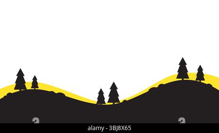 Black and yellow flat silhouette vector landscape with pine trees and copy space for your text Stock Vector