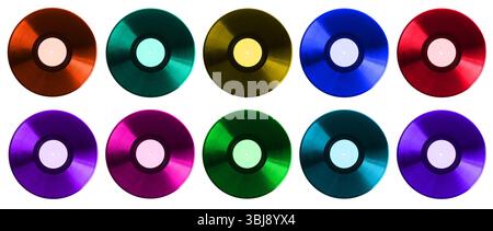 Many color vinyl records on white background, collage Stock Photo