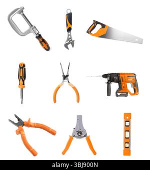 Different construction tools on white background, collage Stock Photo