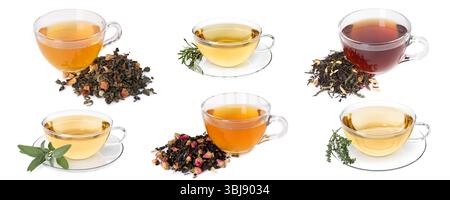 Herbal tea in glass cups isolated on white, collage Stock Photo