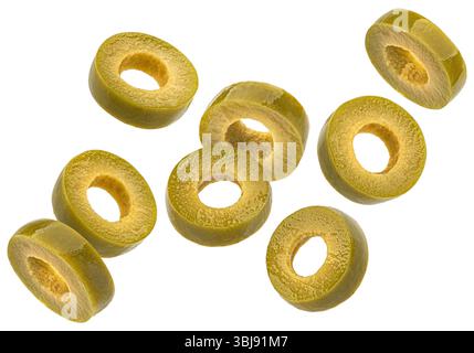 Green olive slices isolated on white background Stock Photo