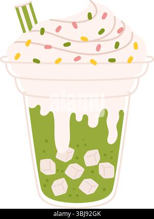 Green matcha soda with whipped cream, pastel sprinkles and ice cubes in plastic cup. Fun and festive bubble drink. Stock vector illustration in cartoo Stock Vector