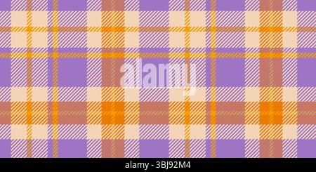 A bold tartan plaid pattern showcasing purple and orange hues intersecting with beige tones in a geometric arrangement of crisscrossed lines and squar Stock Vector