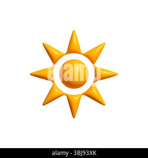 Bright Sunny 3D Sun Icon with Circular Center and Sharp Rays, Isolated on White. Happy Childish Logo for Vacation, Solar Energy or Warm Climate Stock Vector