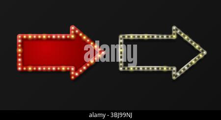 Realistic signs of the red and glass arrow frame with yellow bulbs. Vector 3D Illustration. Stock Vector