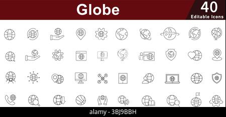 Globe Line Icons: World, Network and International Symbols. Editable Vector Icons Stock Vector