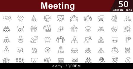 Business Meeting and Teamwork Line Icons: Collaboration, Discussion and Strategy. Editable Vector Icons Stock Vector