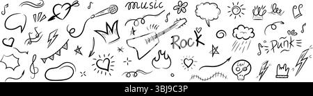 Hand-drawn doodle set with rock and punk themed elements including guitar, microphone, hearts, music notes, lightning bolts, and expressive icons in Stock Vector