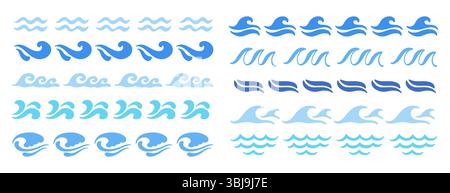 Abstract blue ocean waves line borders strokes set Stock Vector