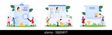 HR research and management, employment set. Tiny people search employees CV and choose talent professional candidate to recruit, analyzing diploma with magnifying glass cartoon vector illustration Stock Vector