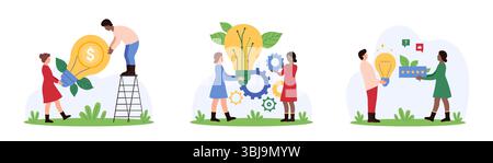 Idea development and monetization, feedback set. Tiny people make money from creative project, holding light bulb with dollar sign and gears, speech bubble with stars cartoon vector illustration Stock Vector