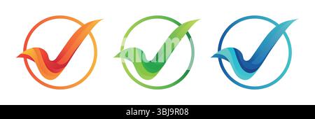 Set of three modern check mark logos in gradient orange, green and blue on white background Stock Vector