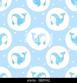 Cute blue whale pattern. Seamless polka dot background Stock Vector