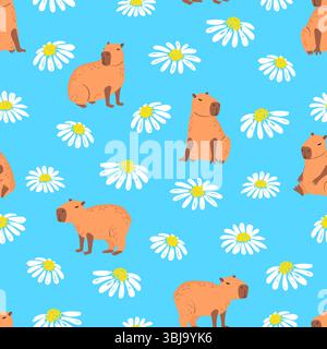 Cute capybaras and daisy flowers seamless pattern. Vector cartoon illustration Stock Vector
