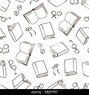 Seamless sketch books and glasses pattern. Hand drawn outline book and eyewear vector reading illustration Stock Vector