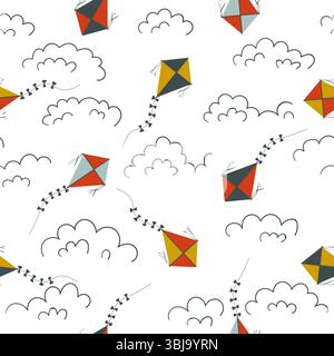 Flying kites seamless pattern. Childish summer print. Vector hand drawn illustration Stock Vector