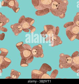 Cute teddy bear seamless pattern. Vector watercolor ilustration Stock Vector