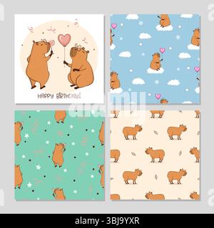 Cute capybara seamless patterns. Vector Happy Birthday set with cartoon capybaras Stock Vector