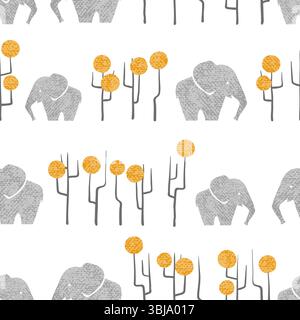 Seamless african pattern with cute elephants and trees. Vector abstract illustration Stock Vector