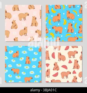 Cute capybara seamless patterns. Vector set of cartoon capibara animal prints Stock Vector