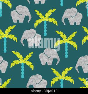 Seamless pattern with cute elephants and palm trees Stock Vector