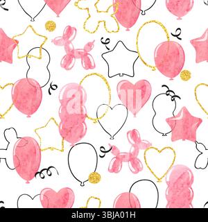 Pink watercolor balloons seamless pattern. Vector celebration party background Stock Vector
