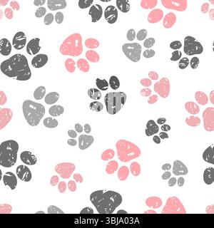 Paws print seamless pattern. Vector background with black and pink cats paws Stock Vector
