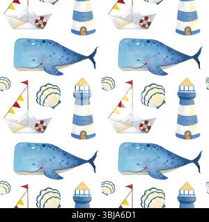 Seamless pattern. Watercolor set of cute cartoon blue whales isolated on white background. Hand-painted marine animals Stock Photo