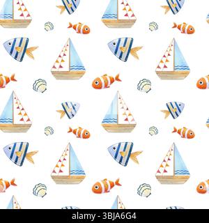 Hand painted seamless pattern with elements of marine theme. Watercolor illustrations of ship, anchor, shell. Set on white background Stock Photo