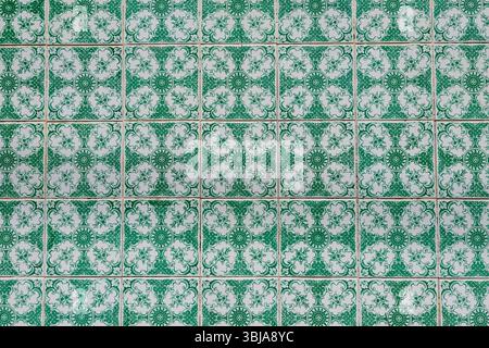 Traditional Decorative Green and White Ceramic Tiles Pattern Stock Photo