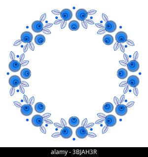 Round floral vector frame without text. Mandala of abstract blue flowers and leaves on white background. Delicate spring fantasy wreath of flowers. Stock Vector