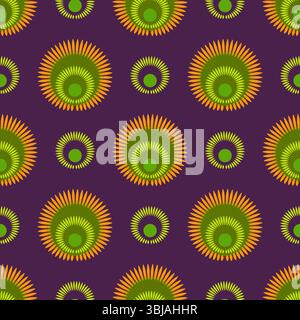 Fantasy floral seamless pattern in bright boho colors. Purple, green, orange round floral elements. Geometry ethnic ornament for wallpaper, textile, e Stock Vector