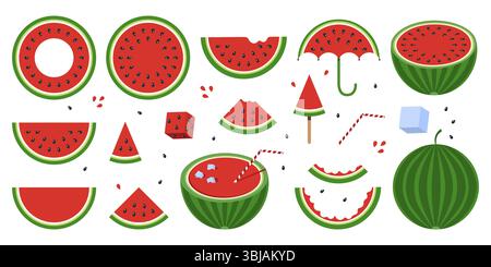 Set of Different Sliced Slices of Ripe, Juicy red Watermelon. Halves and Triangular Watermelon Pieces, Eaten Rinds, Frozen Juice on a Stick. Half and Stock Vector