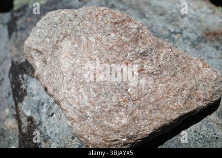 A close-up of a rock with a distinctive, sparkly texture. It's a type of metamorphic rock, likely quartzite, due to its grainy. Stock Photo