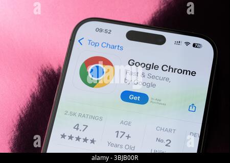 New York, USA - May 22, 2025: Google Chrome mobile application ranking on smartphone screen close up macro view Stock Photo
