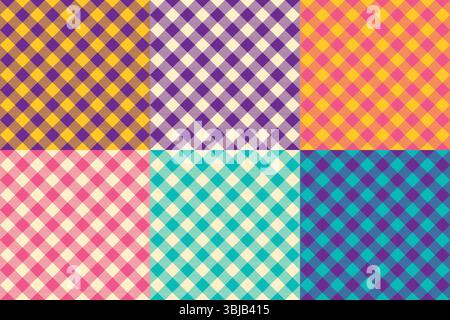 Classic Diagonal Gingham Vichy Check Pattern Set in Bold Retro Color Variations, collection of seamless vector backgrounds Stock Vector