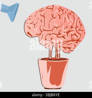 Symbolic concept of nurturing intelligence, showing water being poured onto a brain-shaped tree, representing mental growth, learning, and creativity. Stock Vector