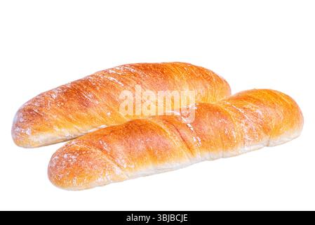 Two fresh wheat baguettes isolated on white Stock Photo
