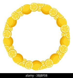 Frame with whole lemons and juicy slices. Vector isolated illustration in cartoon style on white background Stock Vector