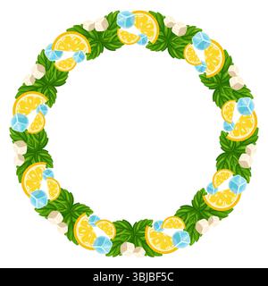 Cartoon lemon and mint frame with ice cubes and sugar cubes. Vector isolated illustration on white background Stock Vector