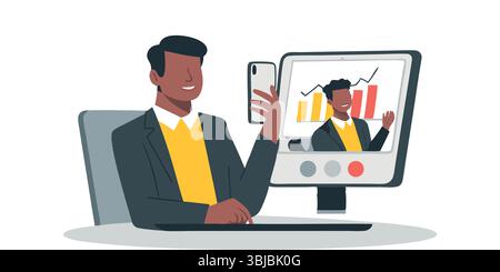 Remote Work Success Man in Video Conference Analyzing Data on Computer and Phone Digital Business Meeting Virtual Stock Vector