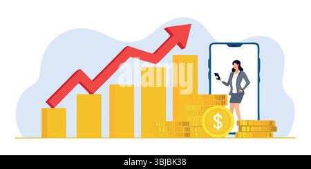 Financial Growth Chart with Modern Woman Using Mobile Technology for Business Investments Showing an Upward Economic Stock Vector