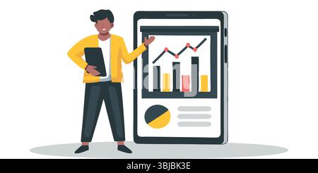 Business Presentation Illustration Man Explaining Data Analysis and Growth Charts on Tablet for Startup Finance and Stock Vector
