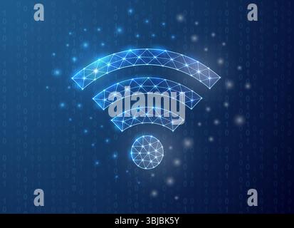 Wi-Fi polygonal symbol with binary code background. Internet zone concept design illustration. Connection polygonal wireframe Stock Vector