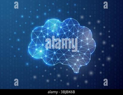 Human brain polygonal symbol with binary code background. Mind concept design illustration. Organ polygonal wireframe. Stock Vector